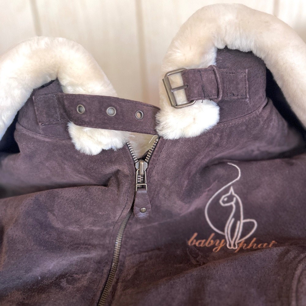 Baby Phat Brown Leather Faux Fur Lined Zip Up Hood Jacket Buckle Collar Womens L - Picture 9 of 12